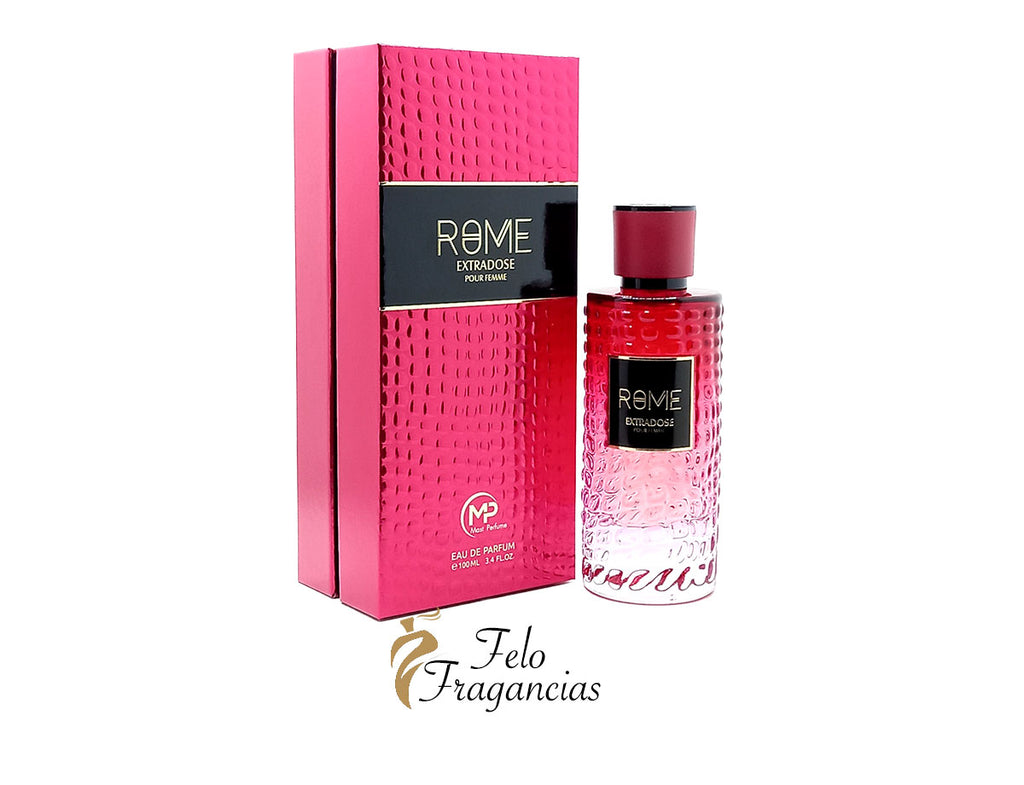 Rome Extradose femme perfume bottle with 100ml box, red cap and pink glass