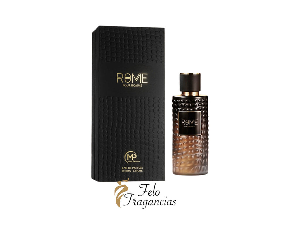 Rome Pour Homme men’s eau de parfum 100ml, box and spray bottle with dark gold accents