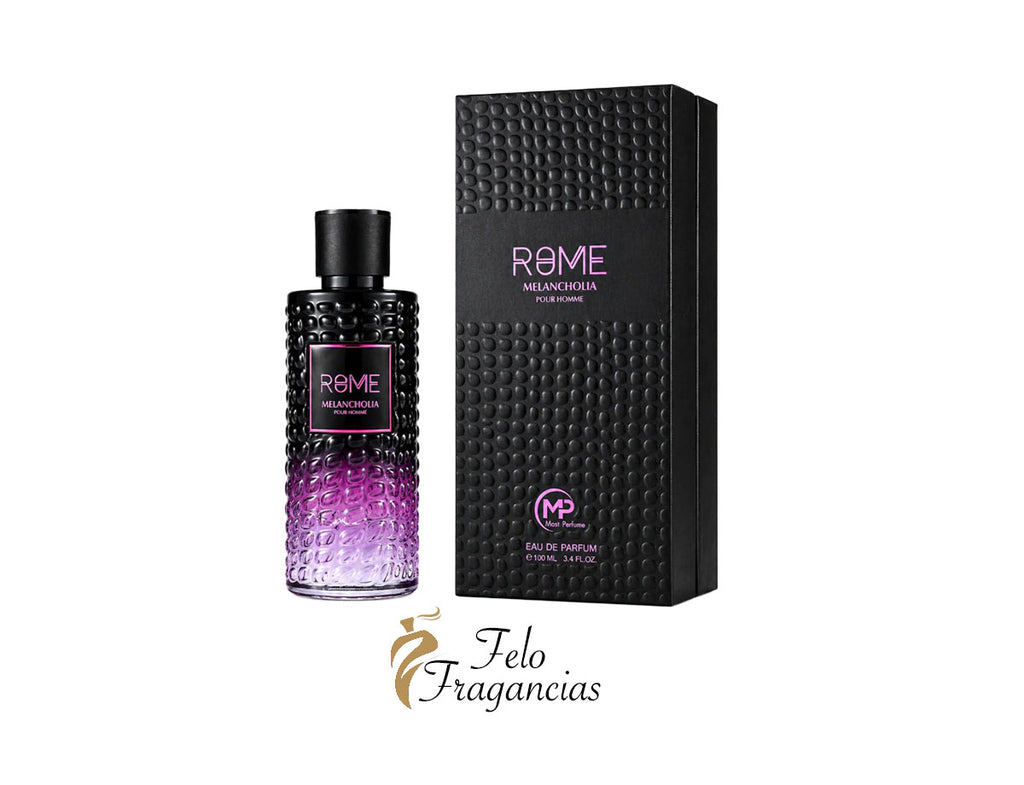 Perfume Eau de Parfum para hombre con frasco negro y líquido púrpura y caja