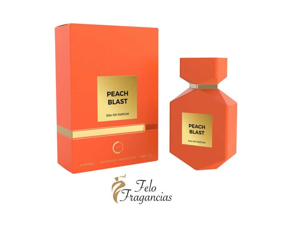 Peach Blast eau de parfum 100ml box and bottle, orange-peach packaging