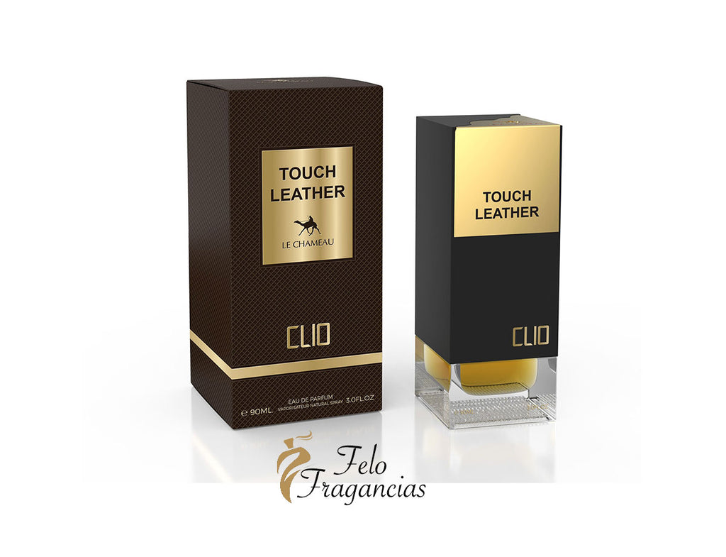 Clio Touch Leather Eau de Parfum 100ml gift box, dark brown and black packaging