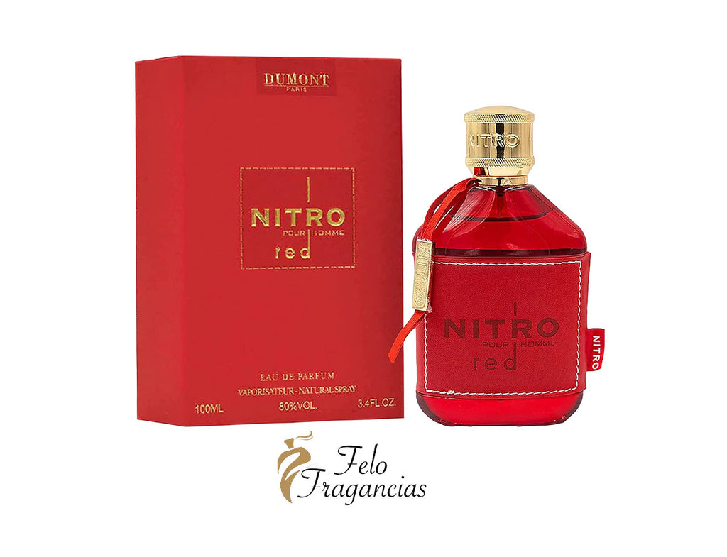 Nitro Red eau de parfum 100ml: red glass bottle with gold cap and matching box