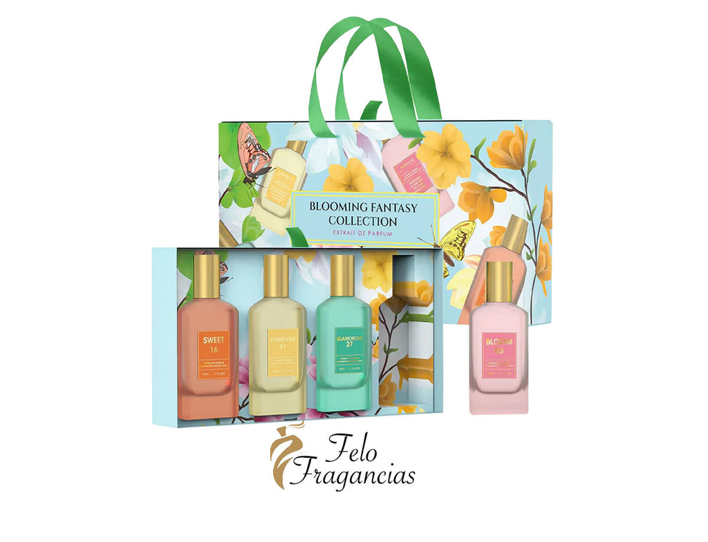 Blooming Fantasy perfume discovery set with boxed collection of four bottles