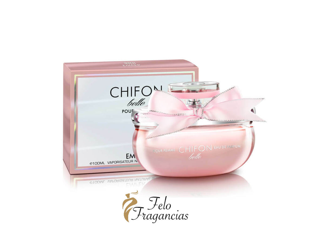Chifon Belle eau de parfum 100ml pink bottle with silver cap and bow