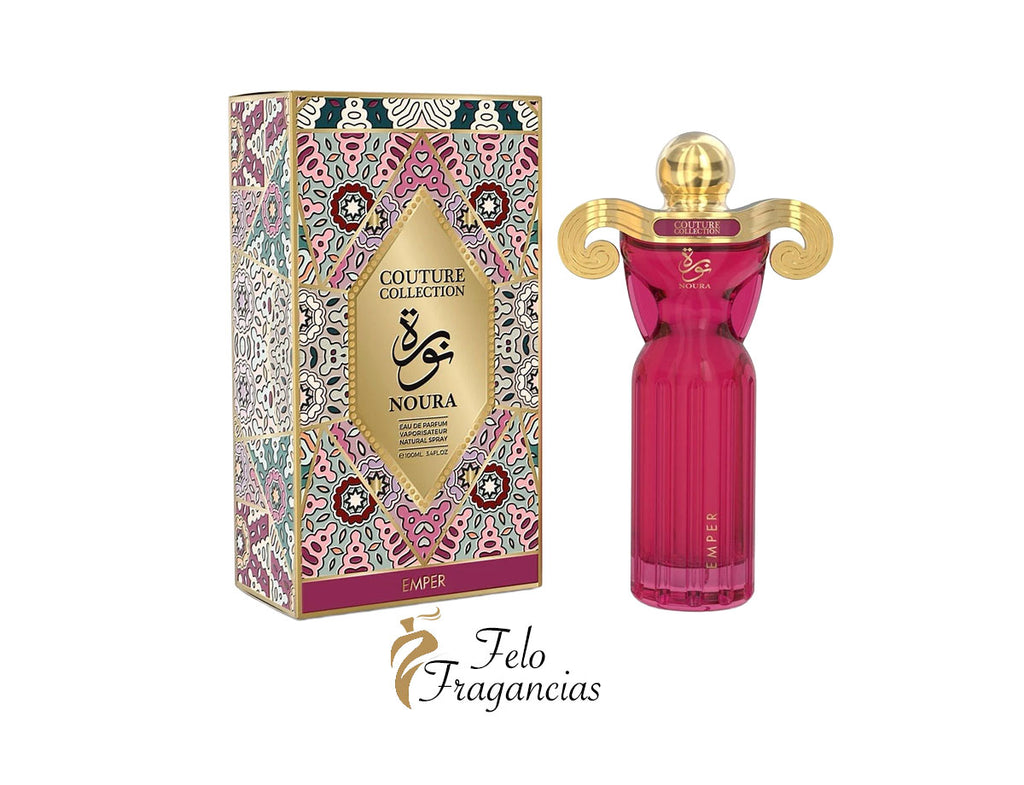 Noura Couture eau de parfum 100 ml box and pink glass bottle with gold cap