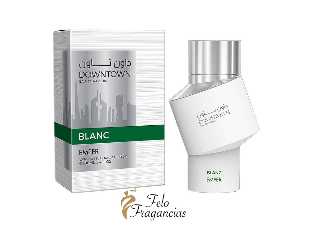 Perfume Emper Downtown Blanc 100 ml: caja y frasco blancos con tapa plateada