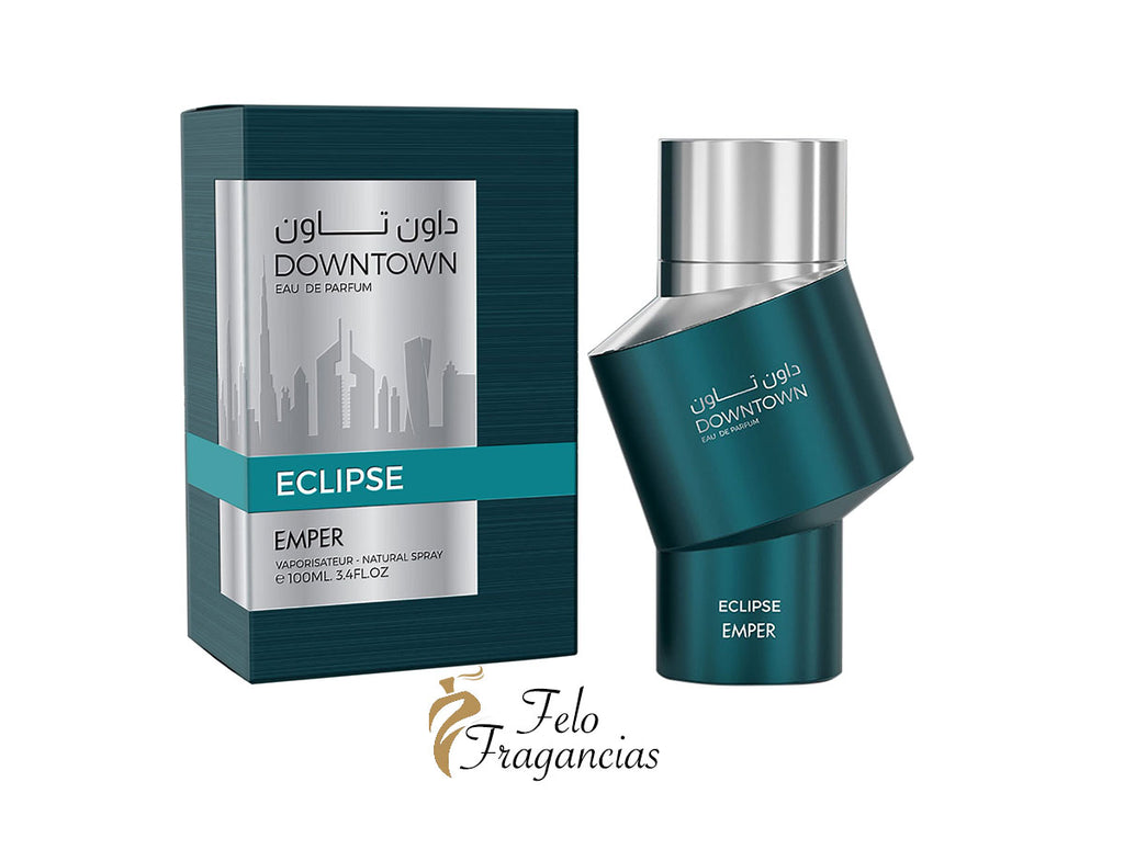 Caja y botella de Eau de Parfum Emper Downtown Eclipse azul, con tapa plateada