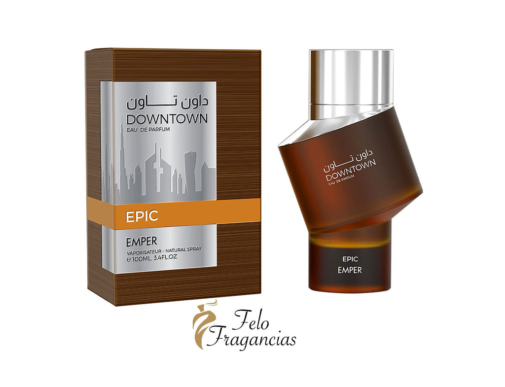 Caja y frasco de Eau de Parfum Emper Downtown Epic, 100 ml, vidrio ámbar