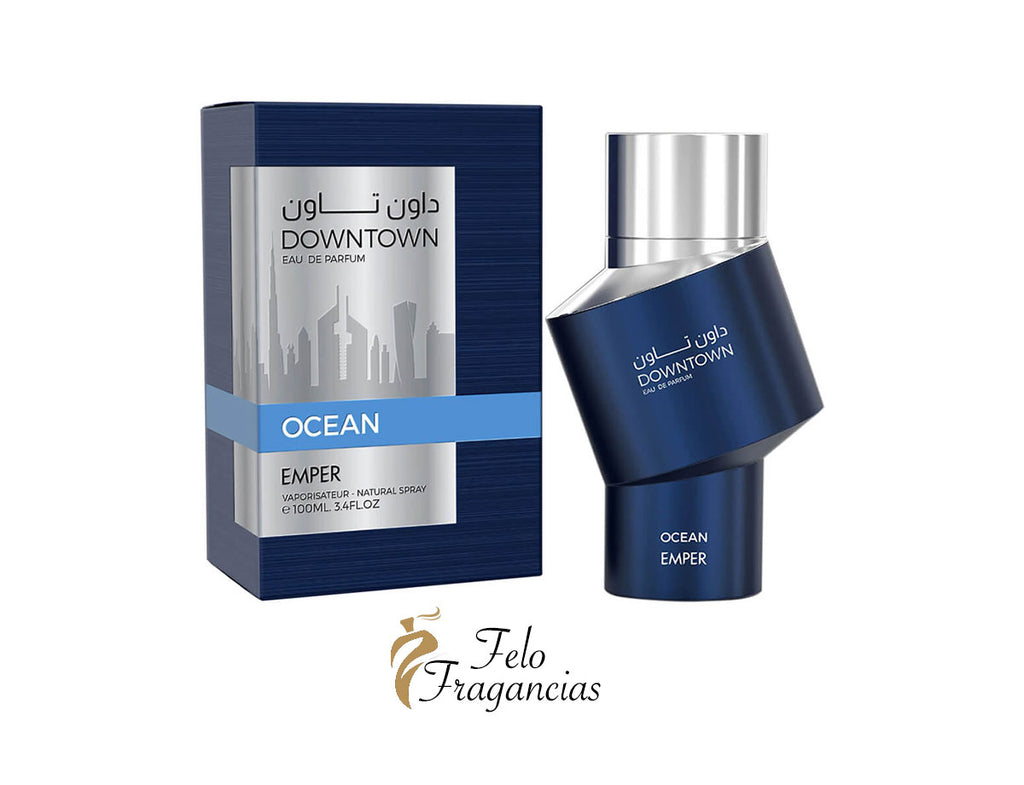 Eau de parfum Emper Downtown Ocean 100 ml: caja azul y frasco azul oscuro
