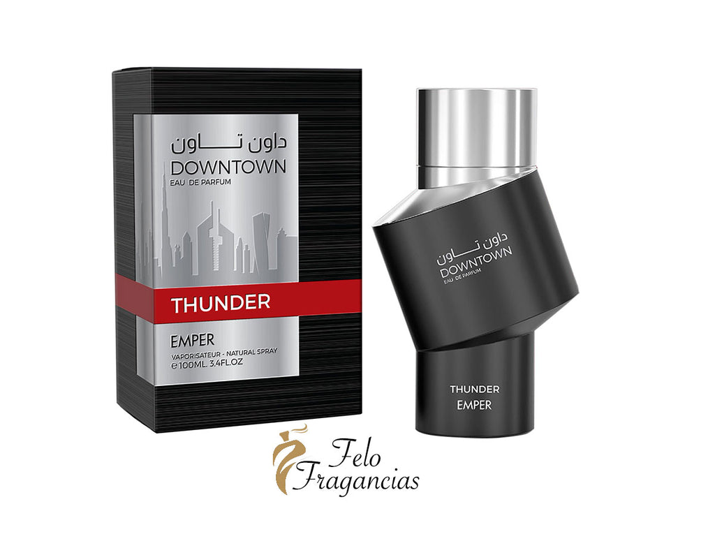 Caja y frasco de Eau de Parfum Emper Thunder, frasco negro con tapa plateada