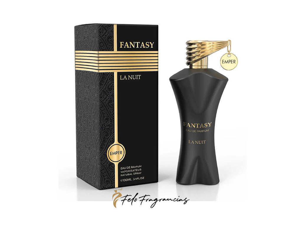 Caja y frasco de eau de parfum negro con tapa dorada Emper Fantasy La Nuit, 100 ml