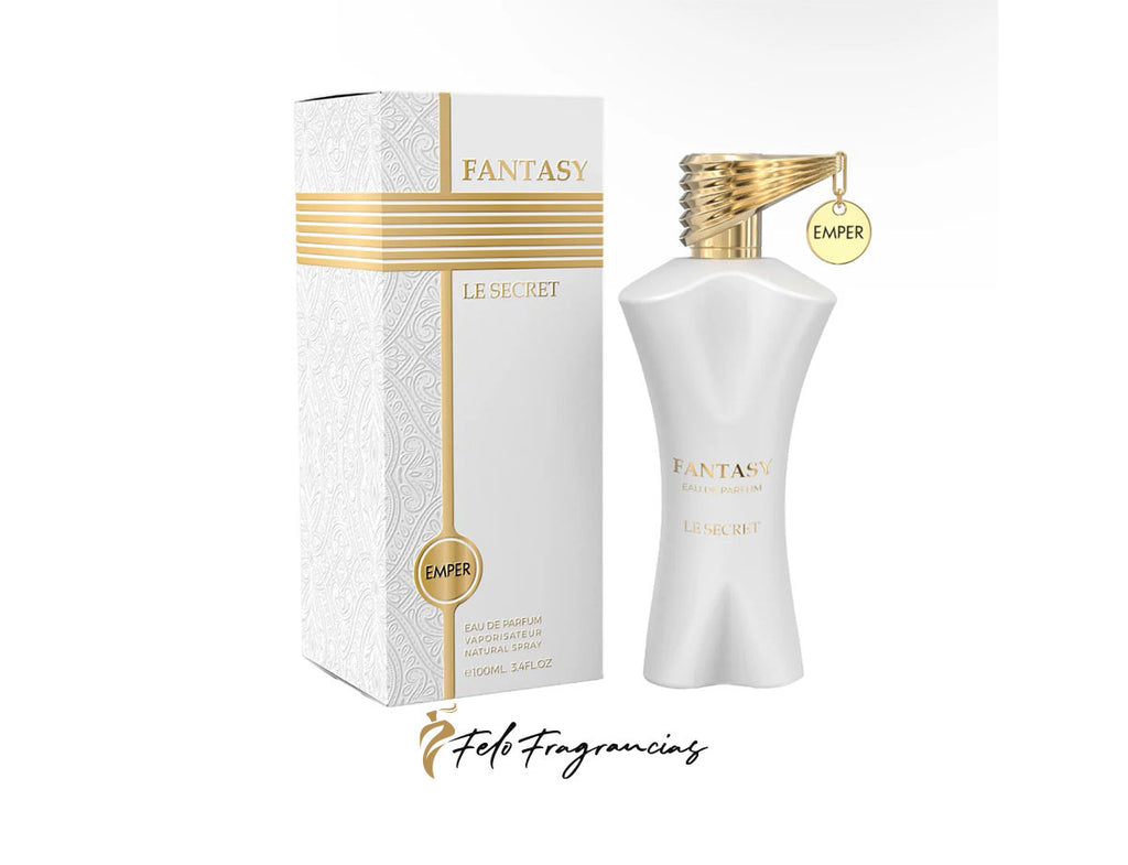 Perfume Eau de Parfum con caja blanca y botella blanca con tapa dorada
