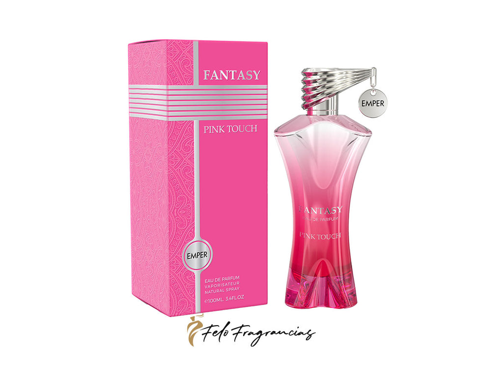 Caja y perfume Emper Fantasy Pink Touch: frasco rosa con tapón plateado