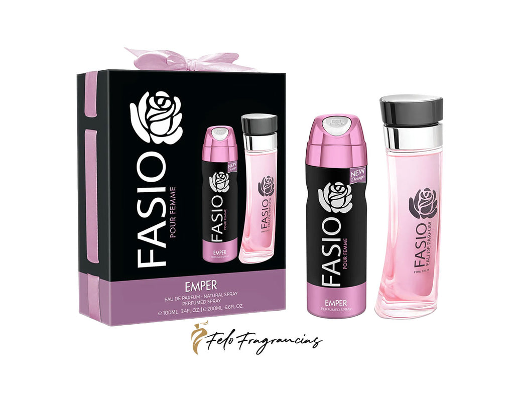 Caja de regalo y dos frascos: spray rosa y loción transparente con tapa negra