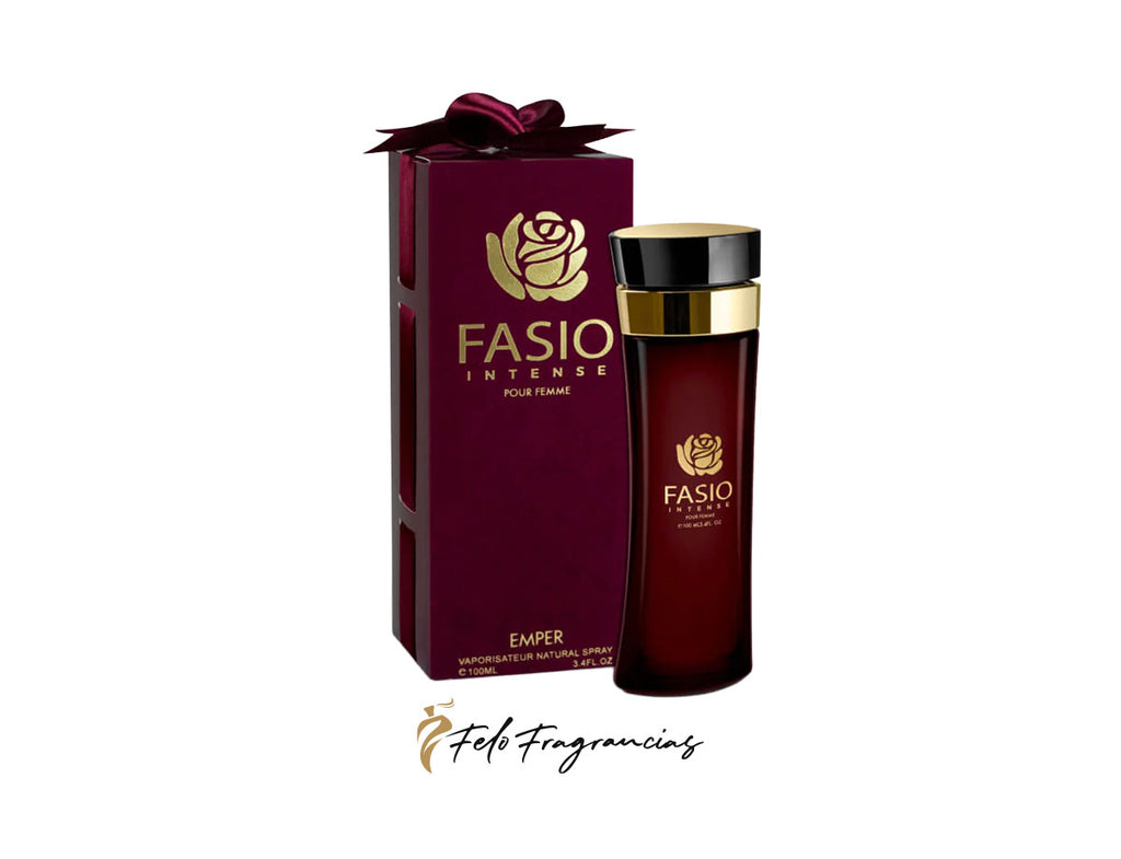 Perfume Emper Fasio Intense: caja morada y frasco rojo oscuro con tapa dorada