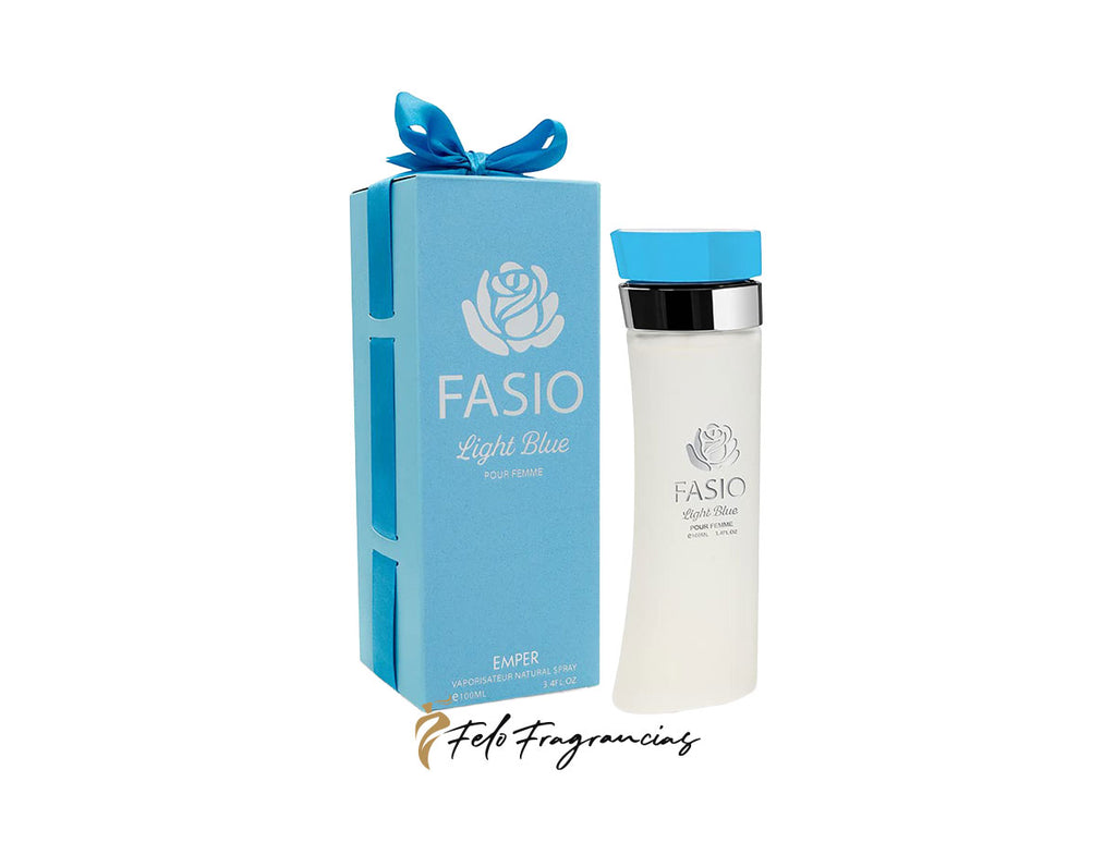 Conjunto Eau de Parfum Emper Fasio: caja azul y frasco con tapa azul