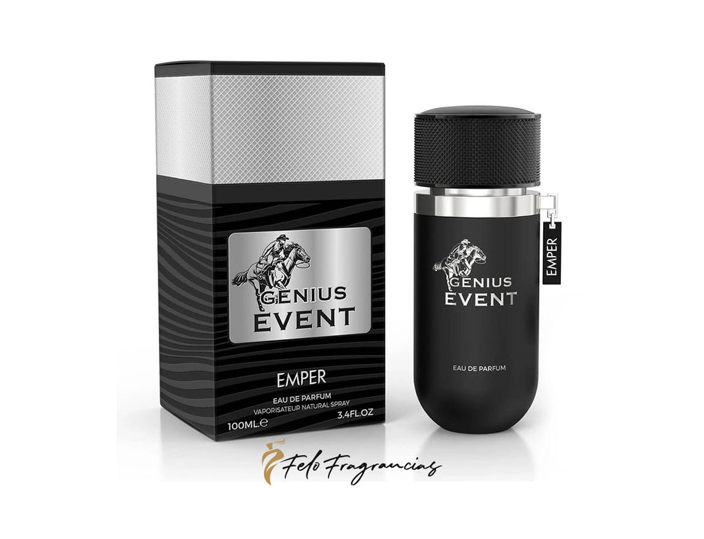 Emper Genius Event eau de parfum 100ml, black bottle with silver cap and labeled box