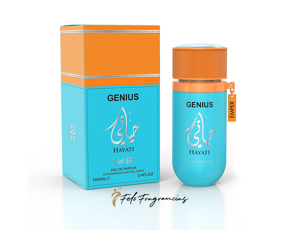 Genius Hayati eau de parfum 100ml bottle with orange cap and matching product box