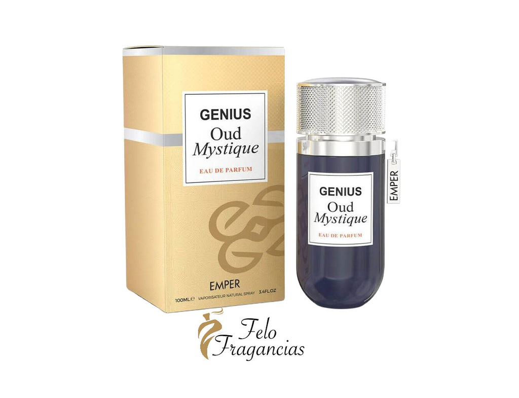 Perfume Emper Genius Oud Mystique mini: frasco con tapa plateada y caja, 25 ml