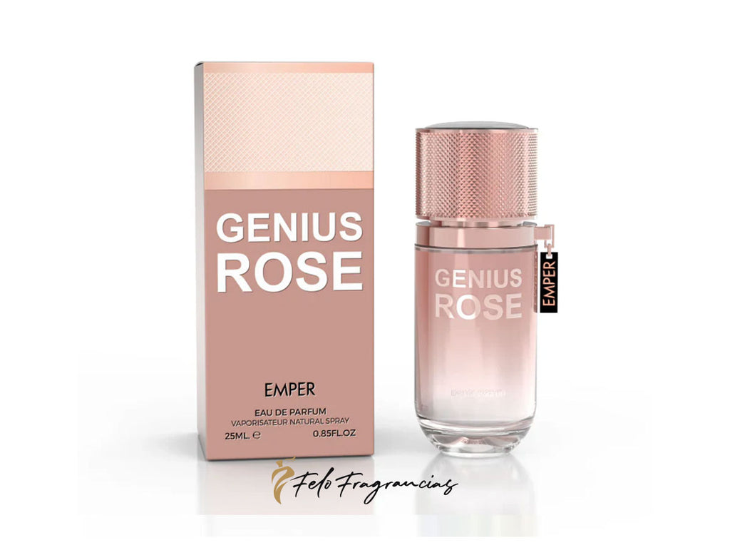 Caja y frasco Genius Rose Eau de Parfum mini, tapa metal rosada y base transparente