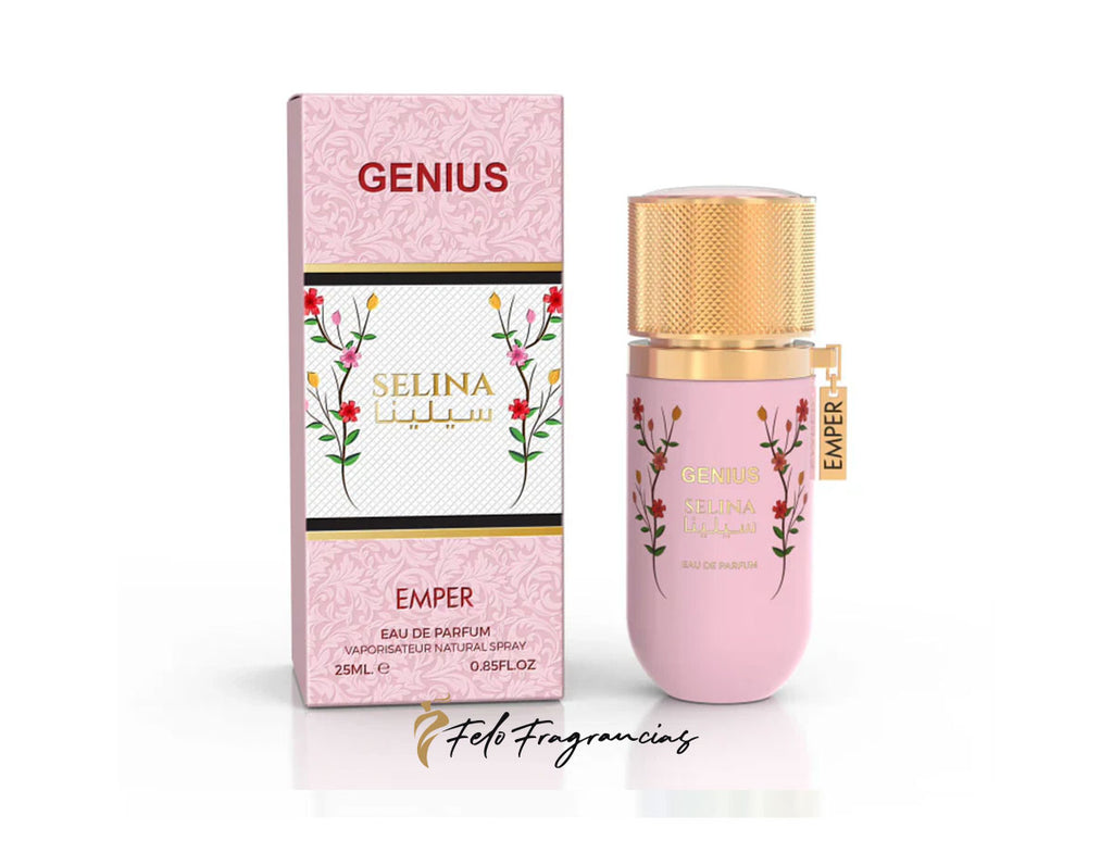 Selina Eau de Parfum mini 25ml, pink bottle with gold cap and matching box