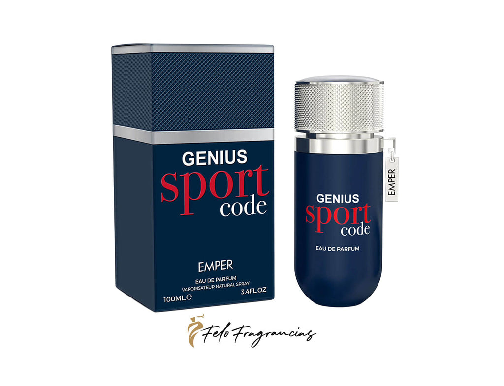 Emper Genius Sport Code Eau de Parfum 100ml box and bottle, dark blue cap and label