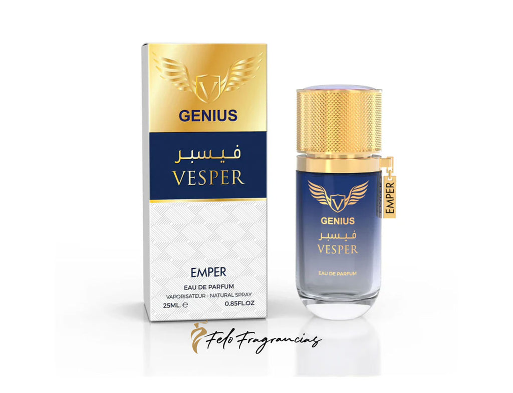 Emper Genius Vesper Eau de Parfum mini spray bottle and box, blue label, gold cap