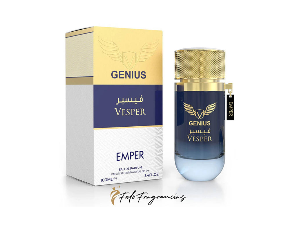 Emper Genius Vesper 100ml eau de parfum box and bottle, gold cap, blue glass