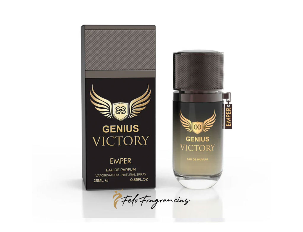 Genius Victory 25ml eau de parfum mini: dark box with gold wings, clear bottle