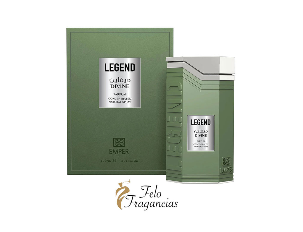 Perfume Eau de Parfum en botella verde con caja, etiquetas blancas