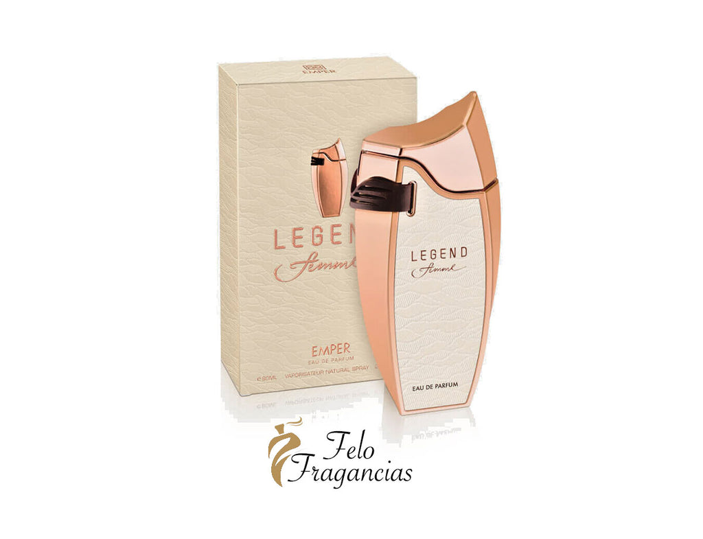 Eau de parfum Emper con caja beige y frasco ámbar de tapa negra