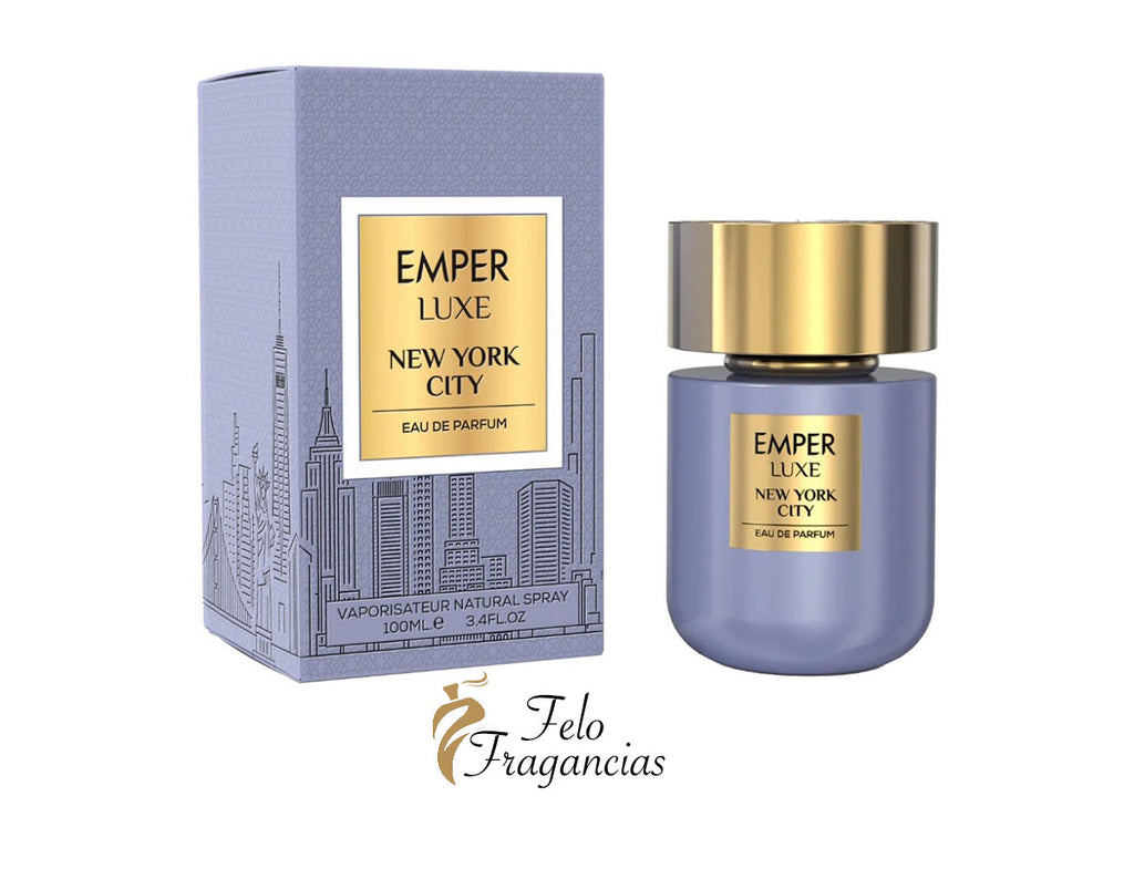 Perfume Emper Luxe en caja azul con frasco azul claro y tapa dorada