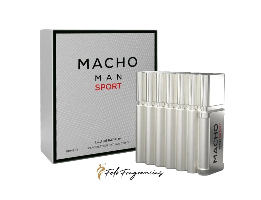Eau de parfum Emper Macho Man Sport, caja negra y frasco plateado con tapón