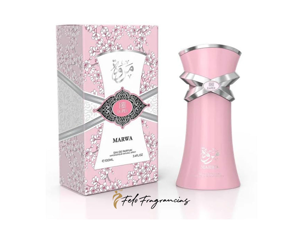 Marwa 100ml eau de parfum: pink cylindrical bottle with metal cap and floral gift box