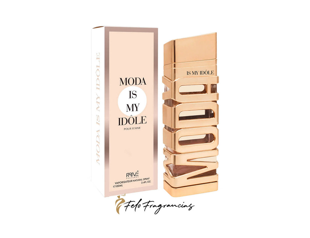 Eau de parfum 100 ml, caja y frasco dorado con etiqueta Is My Idole