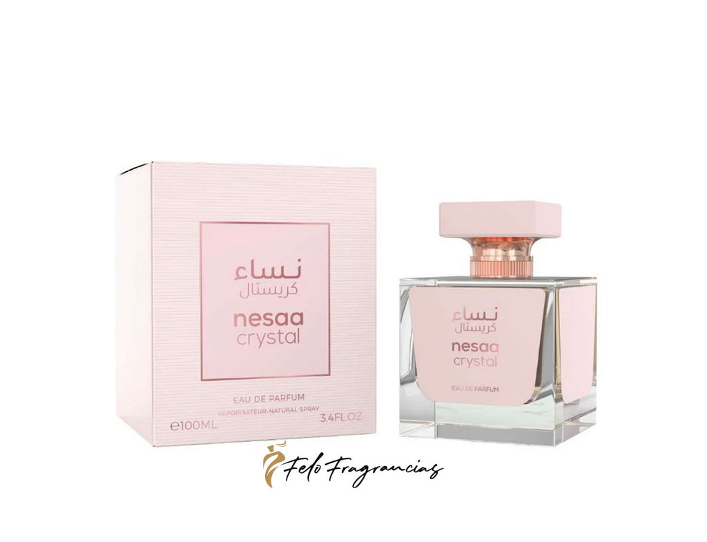 Caja y Eau de Parfum Emper Nesaa Crystal 100 ml, frasco con tapa rosa