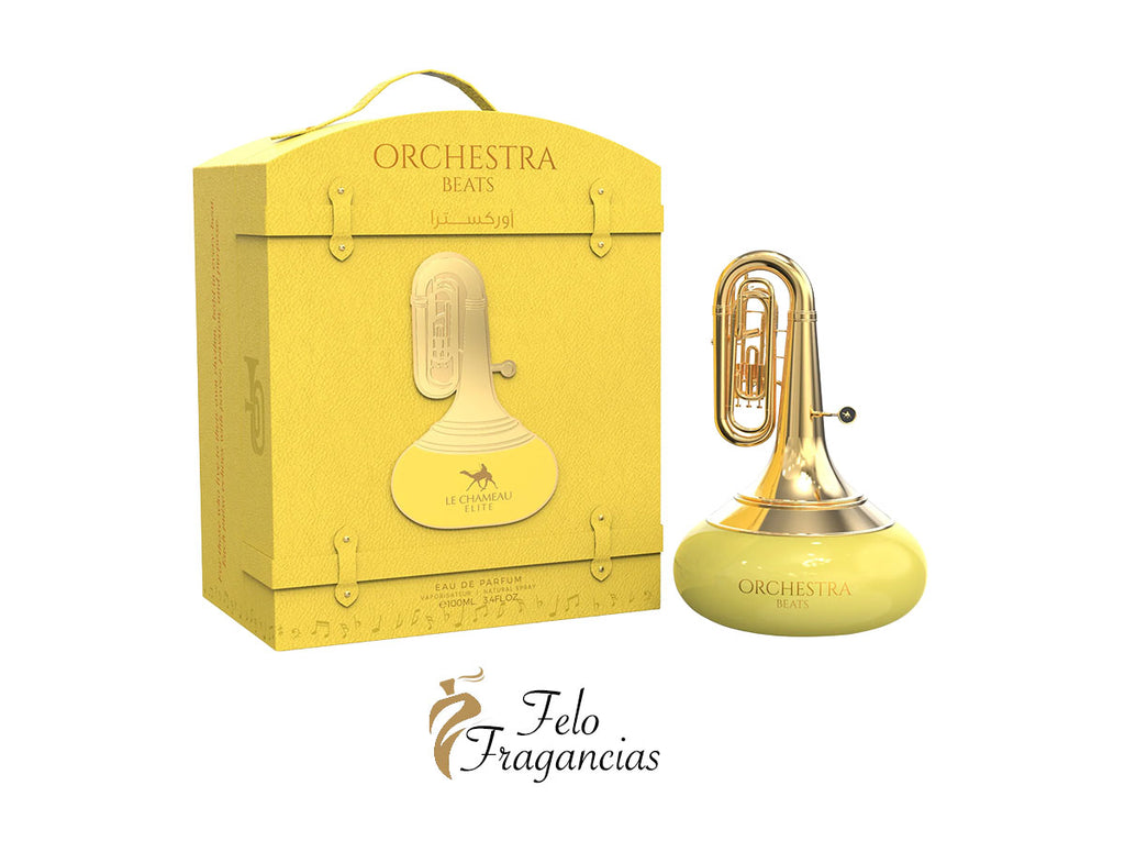 Orchestra Beats unisex eau de parfum 100ml box and gold-toned glass bottle with label