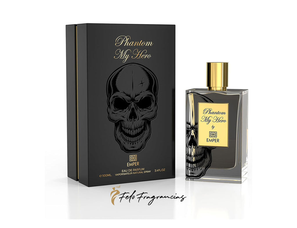 Caja y botella de eau de parfum con calavera, con tapa dorada