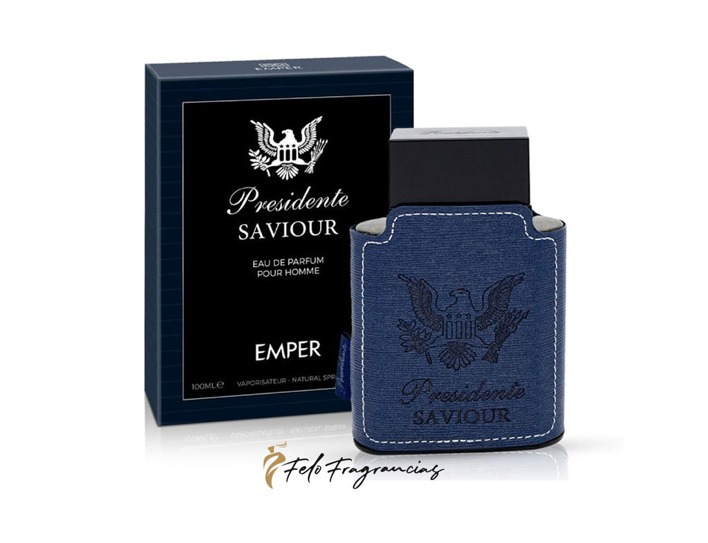 Presidente Saviour Eau de Parfum 100ml bottle with navy label and feathered emblem