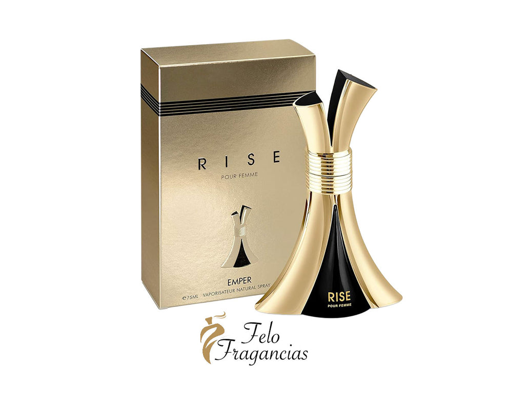 Perfume Emper Rise: caja beige y frasco negro con tapa dorada acampanada