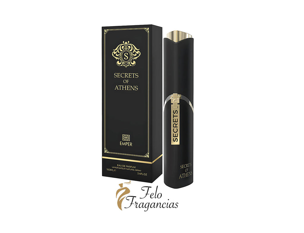 Caja y frasco Eau de Parfum negro con tapa dorada, Emper Secrets of Athens
