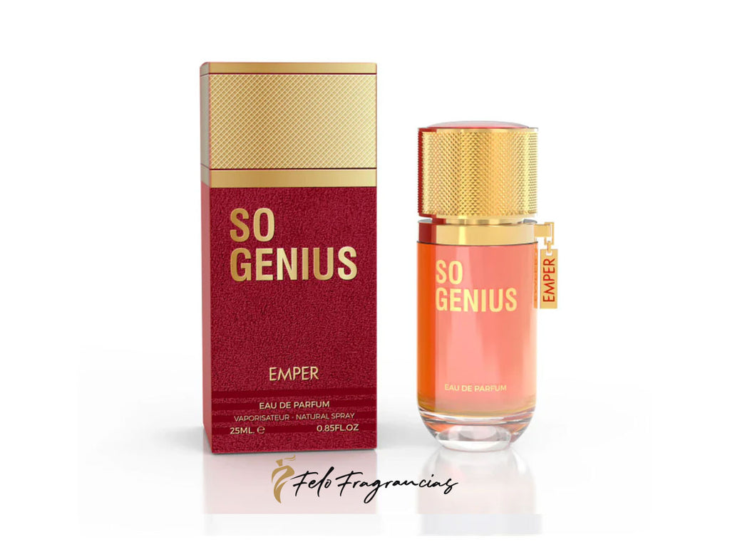So Genius eau de parfum mini 25ml, gold cap, red-pink bottle and box