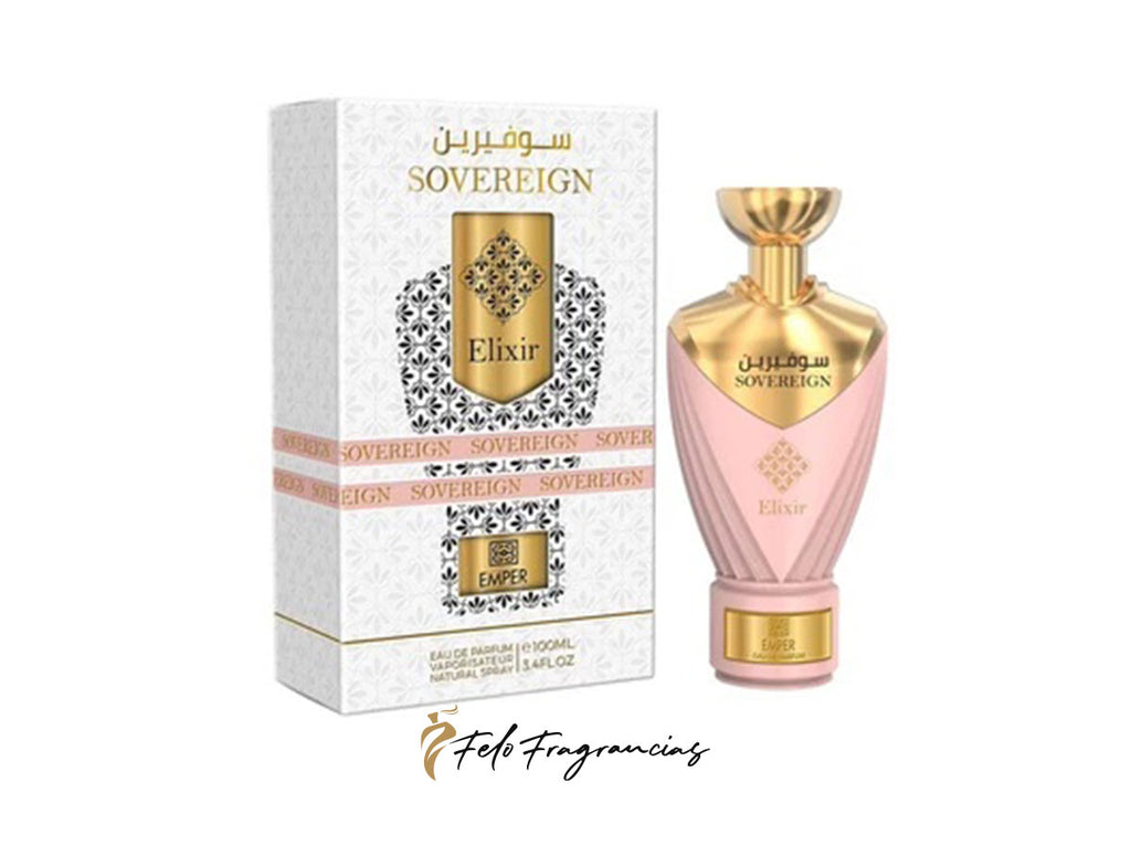 Sovereign Elixir eau de parfum 100ml bottle and box, pink glass with gold cap