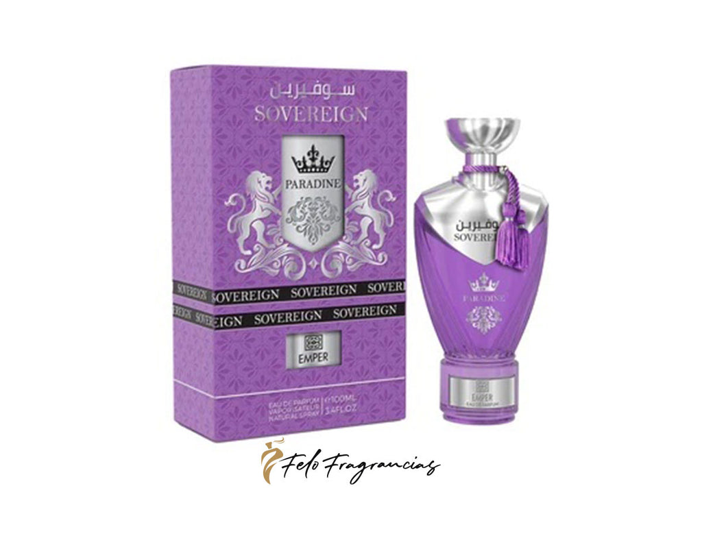 Sovereign Paradine Eau de Parfum 100ml, purple bottle and matching box