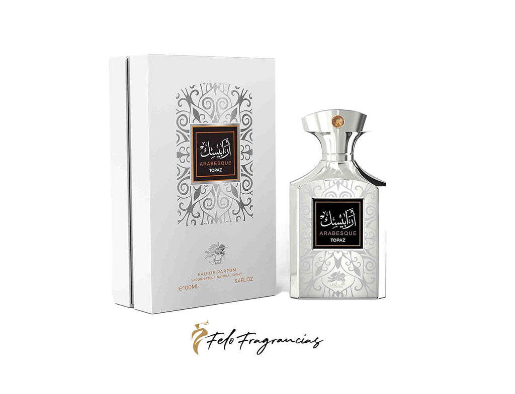 Eau de parfum Al Fares Arabesque Topaz con caja blanca y frasco plateado