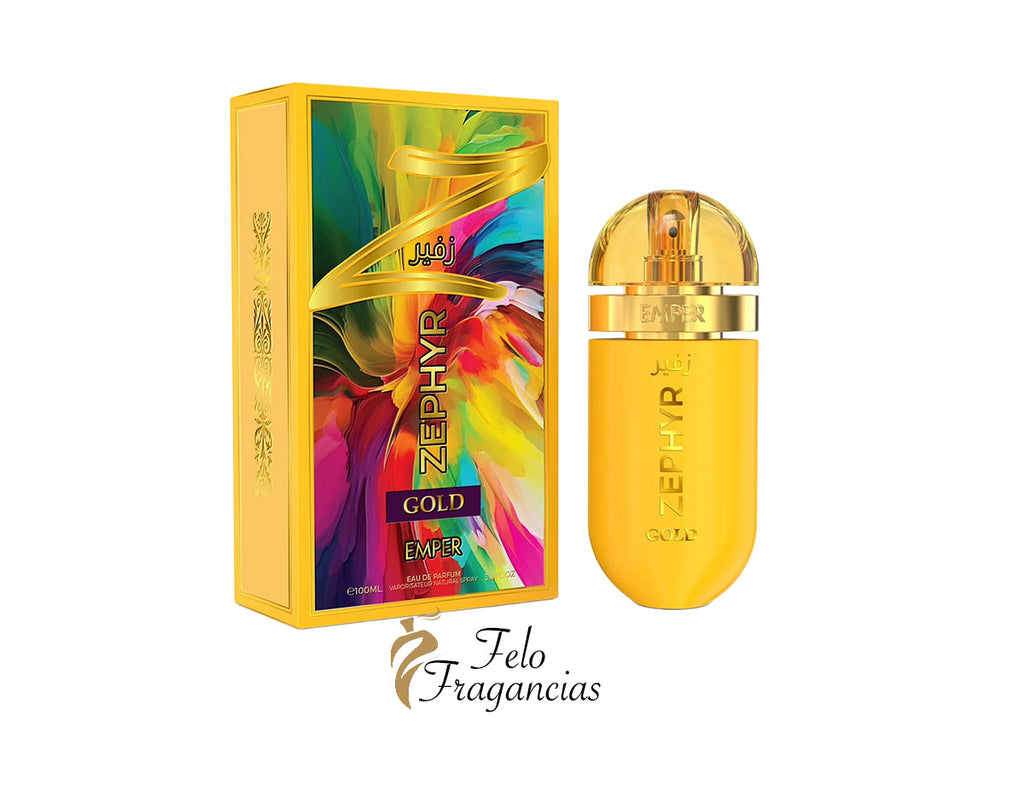 Zephyr Gold 100 ml EDP bottle with gold cap and matching box