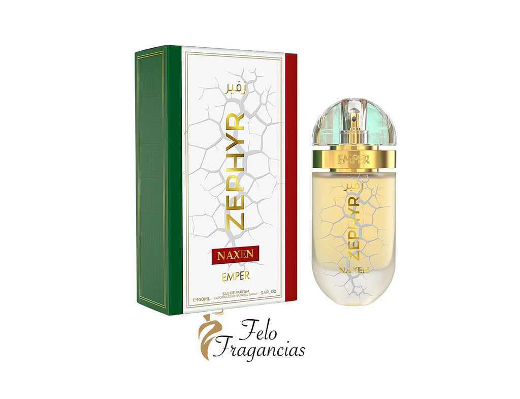 Zephyr Naxen eau de parfum bottle and box, gold trim, green packaging