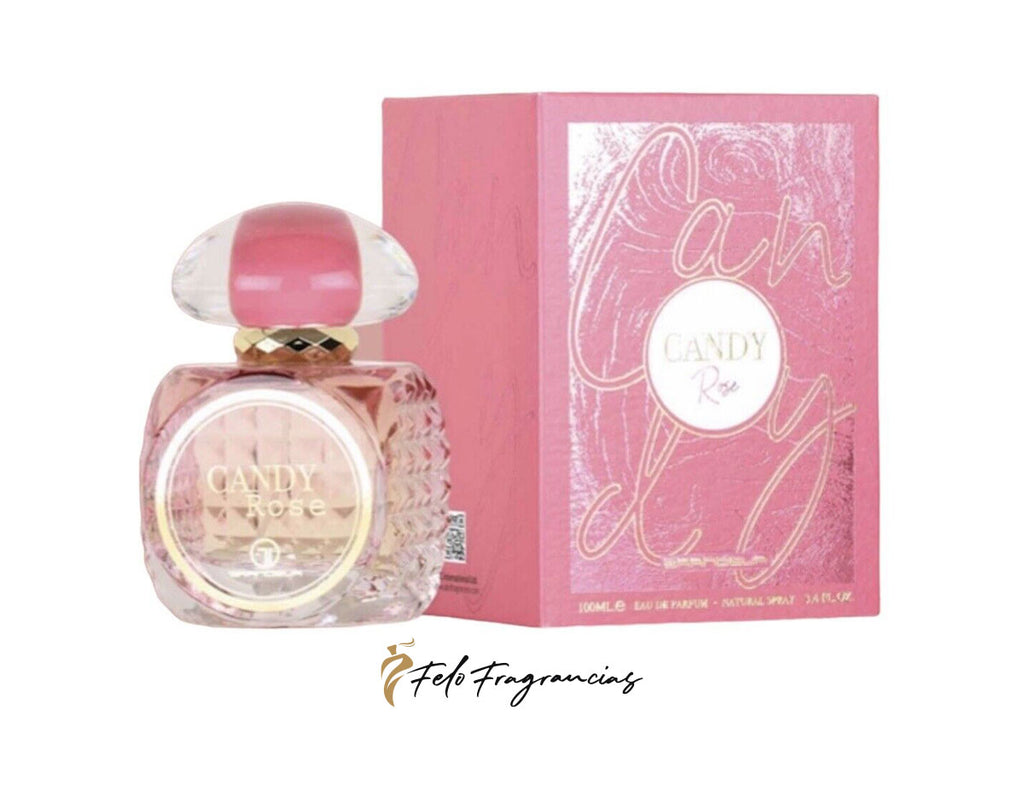 Perfume Eau de Parfum con frasco rosa y caja rosa con diseño decorativo