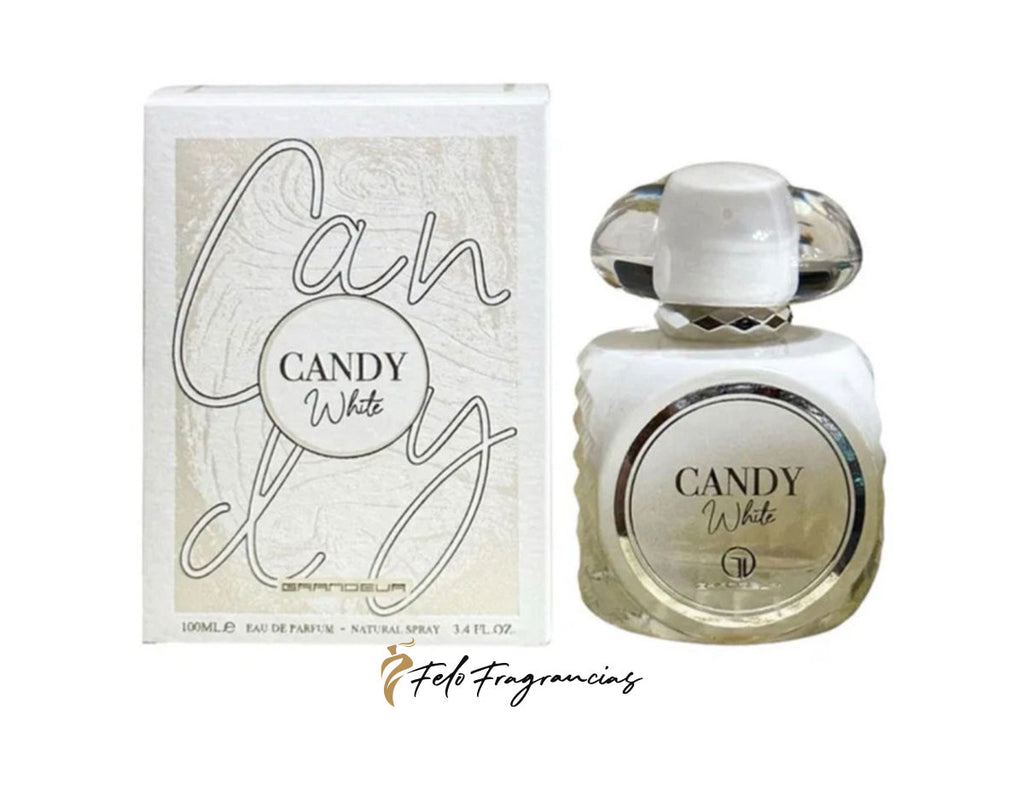 Perfume Candy White 100 ml: frasco con etiqueta circular y caja gris