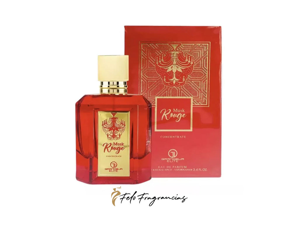 Red Musk Rouge concentrate eau de parfum bottle with gold cap and matching red box, 100ml